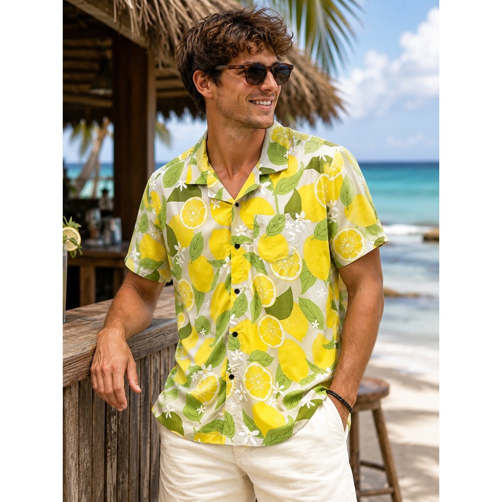 Mad Engine Lemon Print Camp Shirt Rayon Button Up Hawaiian Vacation Men's Medium